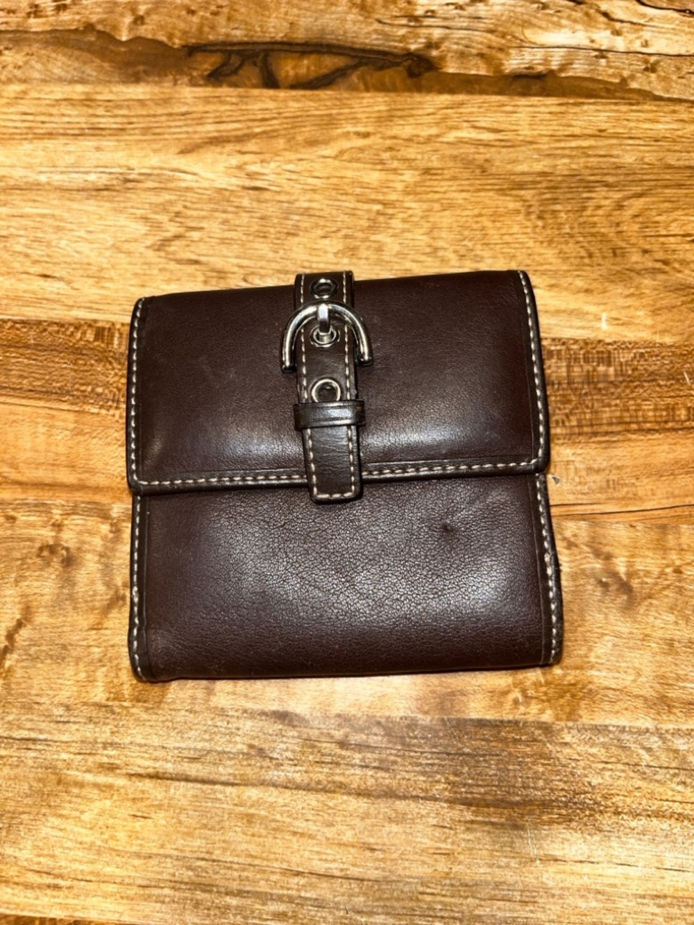 Coach Brown Leather Compact Wallet with Buckle Accent